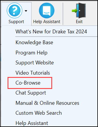 Image of the Co-Browse option on the Support menu.